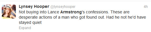 Lynsey Hooper Tweets about Lance Armstrong interview with Doprah